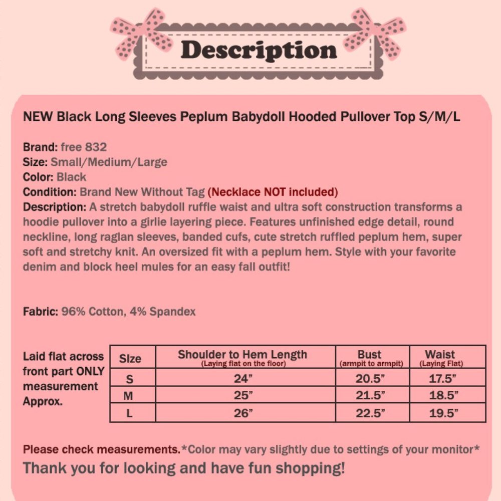 Black Hooded Babydoll Peplum Pullover Cotton Top - Picture 8 of 8